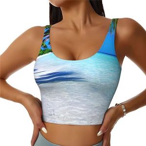 SABFWF Tropisch wit zandstrand en oceaanprint yoga-bh's, hoge impactondersteuning, lang ontwerp, voor fitness, hardlopen en meer, Zwart, S