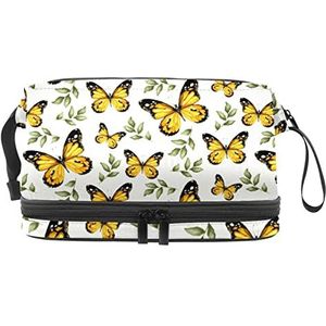Dubbele Laag Cosmetische Tas Gele Vlinders Draagbare Make-up Tas Reizen Organizer Pouch voor Vrouwen Meisjes Toiletartikelen Tassen, Meerkleurig, 27x15x14 cm/10.6x5.9x5.5 in, Make-up zakje