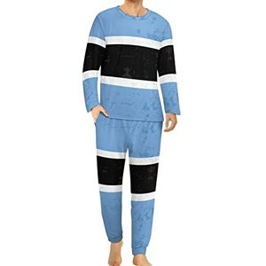 Retro Botswana vlag comfortabele heren pyjama set ronde hals lange mouwen loungewear met zakken 3XL