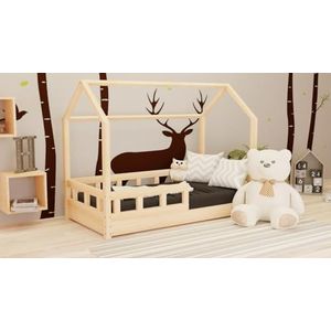 Holzti - Kamerbed - Kinderbed van hout, met lattenbodem en uitneembare uitvalbescherming - Vloerbed tot 180 kg, gemaakt van dennenhout - voor meisjes, jongens - 200x180cm - Natuurlijk