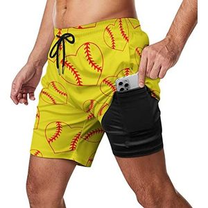 Love Baseball Heart Zwembroek voor heren, sneldrogend, 2-in-1 strandsportbroek met compressieliner en zak