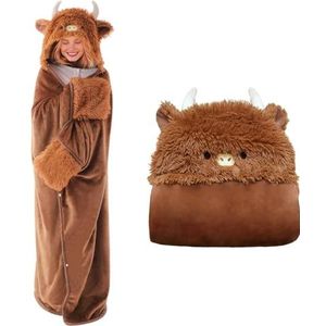SQEQE Highland Cow draagbare deken, oversized draagbare Kawaii deken met capuchon, cadeaus voor vrouwen, meisjes, mannen en volwassenen, 127 x 152 cm