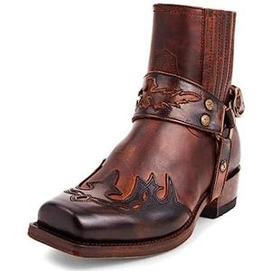 Heren Cowboy Western Laarzen, Vintage PU Lederen Puntige Teen Mid-Heel Enkellaarsjes Combat Boots Paardrijden Ruiterlaarzen 38-48,Light brown,46