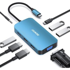 BENFEI USB C MST HUB 8in1 met USB-C naar 2* HDMI/1* VGA, naar 3* USB 3.0/100W Power Delivery/3,5 mm Aux Audio, Compatibel met iPhone 15 Pro/Max, MacBook Pro 2023/2022/2021/2020, Surface Book en meer