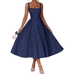 AHERKLL Spaghetti Bandjes Bruidsmeisjes Jurken Bloemen Satijn Jacquard Formele Avond Feest Maxi Jurk Thee Lengte HAH047, Donkerblauw, 32