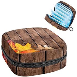 Herfst Esdoorn Blad Hout Periode Pouch Draagbaar,Tampon Opbergtas voor Maandverband, Meerkleurig, 4.7x6.6x6.6 in/12x17x17 cm