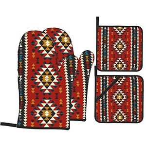 4 Stks Ovenwant En Pannenlap Native American Southwest Etnische Patroon Ovenhandschoenen Gauntlet Ovenwanten Wasbare Wanten Voor Grillen Voor Bakken Barbecue, Keuken, Magnetron