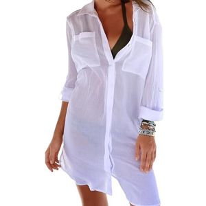 Figarge Strandjurk dames bikini cover-up zomer pareos zomerjurk dames strand bedekking shirt button-down strandponcho lange blouse zomer badpak V-hals jurk badmode, wit, Eén maat