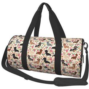 Teckel bloemenprint, grote capaciteit reizen plunjezak ronde handtas sport reistas draagtas fitness tas, zoals afgebeeld, Eén maat