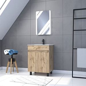 Badkamerkast met 2 deuren, wastafels, spiegel, LED, 60 cm x 80 cm, eiken natuur