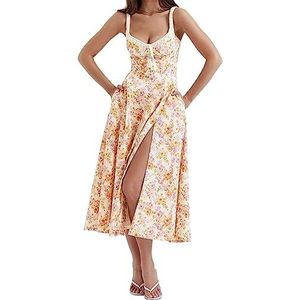 Bloemen Korset Jurk, Vrouwen Bloemen Korset Zomer Laag Uitgesneden Jurk Rugloze Mouwloze Split Jurken (Color : Orange, Size : M)