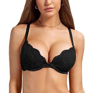 DOBREVA Vrouwen Push Up BH Met Kant Gevoerde Plunge Beugel Volledige Cup Buste Voorgevormde Cups zwart 75A