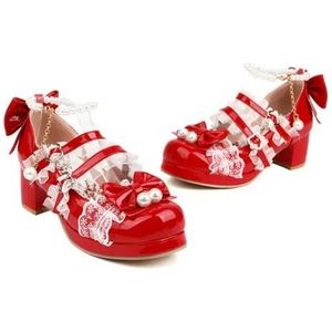 Schattige Lolita-schoenen voor dames met parels, veters, kant, enkelriem, lakleer, Mary Jane, platform, dikke hak, feeststrikpumps, rood, 40 EU