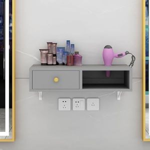 Stylingstation voor aan de muur, opslag van apparatuur voor schoonheidssalons, kappersstation voor aan de muur met houders en lades voor föhns, voor kapperszaak, huis en badkamer(A,50cm)
