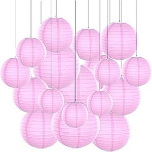 Papieren lantaarns, hangende papieren lantaarns, 20 stuks, mix size, violet papier, lantaarns, paarse bal, lampioen voor bruiloftsfeest, decoratie (roze)