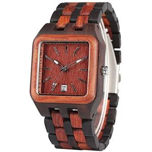 Handgemaakt Rood Sandalwood Wood Watch Heren Unieke Rechthoek Dial Light Clock Man Natural Woody Armband Kalender Datum Quartz Polshorloge Huwelijksgeschenken (Color : 1)