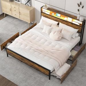 180 x 200 cm plat bed met lattenbodem en hoofdeinde, led-bed met USB-oplaadpoort, juniorbed met 4 schuifladen voor volwassenen en junioren, opbergfunctie, metaal, bruin