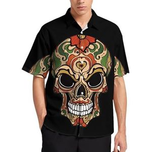 Rose Skull Day of The Dead Zomer Heren Shirts Casual Korte Mouw Button Down Blouse Strand Top met Pocket 3XL