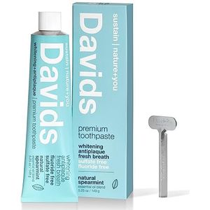 Davids Natural Tandpasta, SPEARMINT, whitening, anti-plaque, fluoride vrij, SLS free, metalen tube, tube roller inclusief