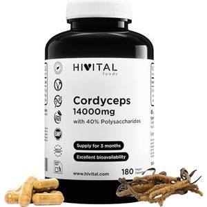 Cordyceps 14000 mg. 180 veganistische capsules voor 3 maanden behandeling. Cordyceps Sinensis CS-4 met 40% Polysacchariden. Natuurlijk Extract van de Cordyceps Paddenstoel. Door HIVITAL
