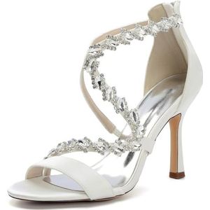 KYEGLO Open Teen Bruidsschoenen Met Strass Steentjes En Gekruiste Bandjes, Ronde Teen Stiletto Hoge Hakken Voor Dames Met Rits, Feestelijke Bruiloftsschoenen,ivoor,36