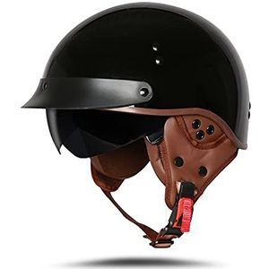 BOSERMEM Motorhelm met veiligheidsbril, DOT/ECE-goedgekeurd, jethelm, scooterhelm, bromfiets, chopper, vintage (helder zwart, maat M, 57-58 cm)