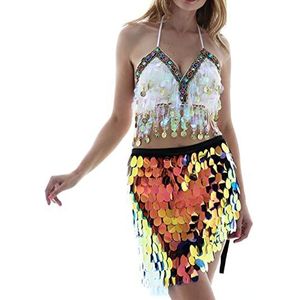 Sttiafay Buikdans, heuprok boven de knie, pailletten, zeemeermin, heupsjaal, wrap rave, carnavalskostuum voor dames, Meerkleurig, One size