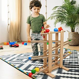 Infantastic® Kogelbaan van hout - beukenhout, incl. 6 rollelementen van theehout, kleurrijk - kbaan, rolbaan, houten baan, motorisch speelgoed voor kinderen en baby's vanaf 1 jaar