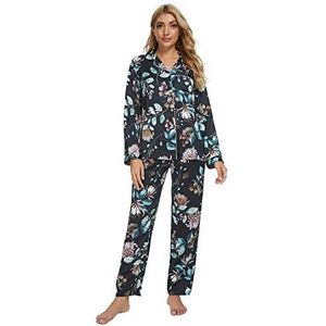 GOSO Damespyjama's set satijnen pyjama dames button down pyjama lange mouwen top en broek nachtkleding Lady Nightwear zachte sets, zwart, M