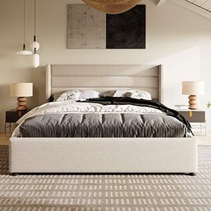 Idemon Hydraulisch gestoffeerd bed voor tweepersoonsbed, lattenbodem van hout, bed met lattenbodem van metaal, linnen (beige, 140 x 200 cm)