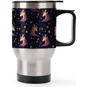 Unicorn Stars Travel koffiemok met handvat en deksel roestvrij staal autobeker dubbelwandige koffiemokken