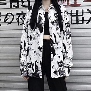 Vrouwen Blouses Streetwear Harajuku Gothic Stijl Oversized Shirts Korte Mouw Zwart Wit Button Up Tops Cool Kleding