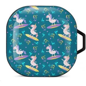 Eenhoorn op een surfplank oordopjes hoesje compatibel met Samsung hard shell beschermhoes zwart stijl