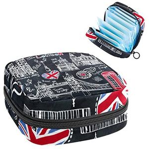 Periode Pouch Draagbare Tampon Opbergtas,Tampon Houder voor Portemonnee Vrouwelijke Product Organizer,Engeland London Symbolen Zwart, Meerkleurig, 4.7x6.6x6.6 in/12x17x17 cm