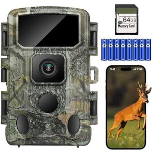 KJK Wildcamera met mobiele telefoontransmissie-app, 4K 64MP HD WLAN Bluetooth met 64GB geheugenkaart, wildcamera met bewegingsmelder, nachtzicht, 0,1s activering, IP67 waterdicht, 130° groothoek