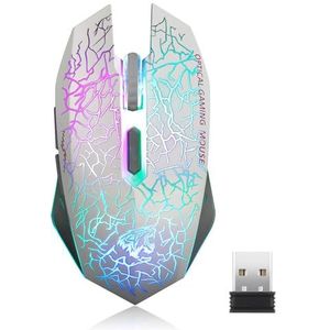 Uiosmuph M2 Draadloze gamingmuis, led, stil, optische muis, draadloos, oplaadbaar met USB-ontvanger, 3 instelbare DPI en 6 toetsen, voor Mac/Computer/PC/Laptop- Wit