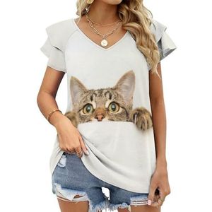 Curious Cat Kitten Grafische Blouse Top Voor Vrouwen V-hals Tuniek Top Korte Mouw Volant T-shirt Grappig