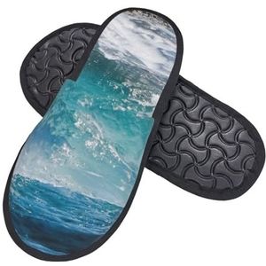 ZaKhs Blauwe Zee Oceaan Print Vrouwen Slippers Antislip Fuzzy Slippers Leuke Huis Slippers Voor Indoor Outdoor M, Zwart, Large Wide