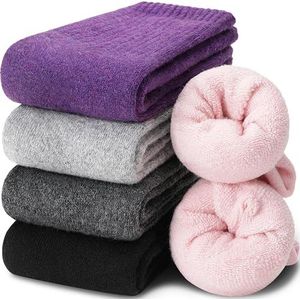 EBMORE Dames Wol Sokken Merino Warme Dikke Wol Cadeau Sokken Wandelsokken Thermosokken Wintersokken voor Dames 5 Paar (Roze & Paars A)