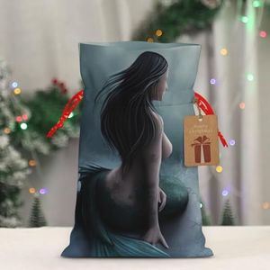 Zeemeermin Meisje En Zeilen Op Zee Piraat Schip Print Kerst Trekkoord Gift Zakken Herbruikbare Gift Zakken Jute Trekkoord Zakken Xmas Gift Tas Voor Bruiloft Kerst Nieuwjaarsdag Present Opbergtas