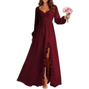 BRIGOW BY034 Damesjurk met lange mouwen, chiffon, bruidsmeisjesjurk, geplooid lijfje, lang, A-lijn, galajurk met split, Bordeaux, 36