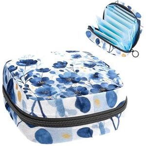 Opbergtas voor maandverband, aquarel marineblauwe bloemen, draagbare menstruatiematas, inlegkruisjes, tampons, maandverband, opberghouder voor vrouwen, school, kantoor