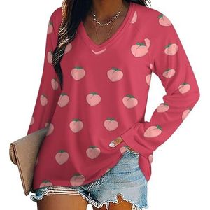 Fruitpatronen perziken vrouwen casual T-shirts met lange mouwen V-hals bedrukte grafische blouses T-shirt tops L