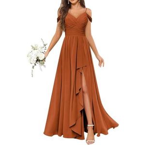 Bruiloft bruidsmeisje jurken elegante lange rijk taille geplooide vloeiende ruches avondbaljurken met split, Champagne, 40