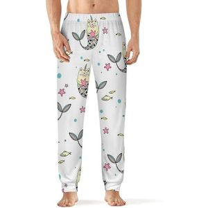 Grappige kat zeemeermin heren pyjama broek print lounge nachtkleding bodems slaapbroek 3XL