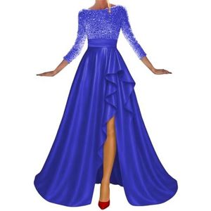 WSEYU Satijnen bruidsmeisjesjurk voor dames, met split, galajurken, plooien, cocktailjurk, grote maten, koningsblauw, 32