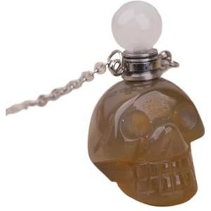 Gemstone Skull Head Perfume Bottle Pendant For Women Hand Carved Crystal Skull Figurine Essential Oil Necklace Gift (Color : Silver_Grey Agate)