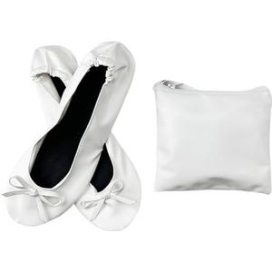 Opvouwbare draagbare ballerina's voor dames, zachte zool, oprolbare pantoffels, instappers, comfortabele platte schoenen voor reizen, bruiloft met tas, opvouwbare platte schoenen voor dames, Wit,