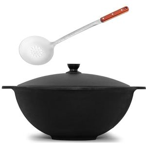 4BIG.fun Kazan van gietijzer 22 l met schuimspaan Namangan - Kazan Usbeko met deksel Cast Iron KESSEL - Azië Wok pan met aluminium deksel voor camping
