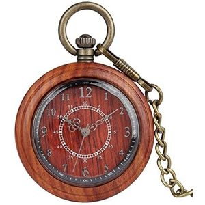 Handgemaakt Vintage Wood horloge Quartz Pocket horloge Ebony Walnut Houten Ketting Open Gezicht Lichtgewicht Klok Kerstcadeaus for Mannen Vrouwen Verjaardagscadeau (Color : Red wood)